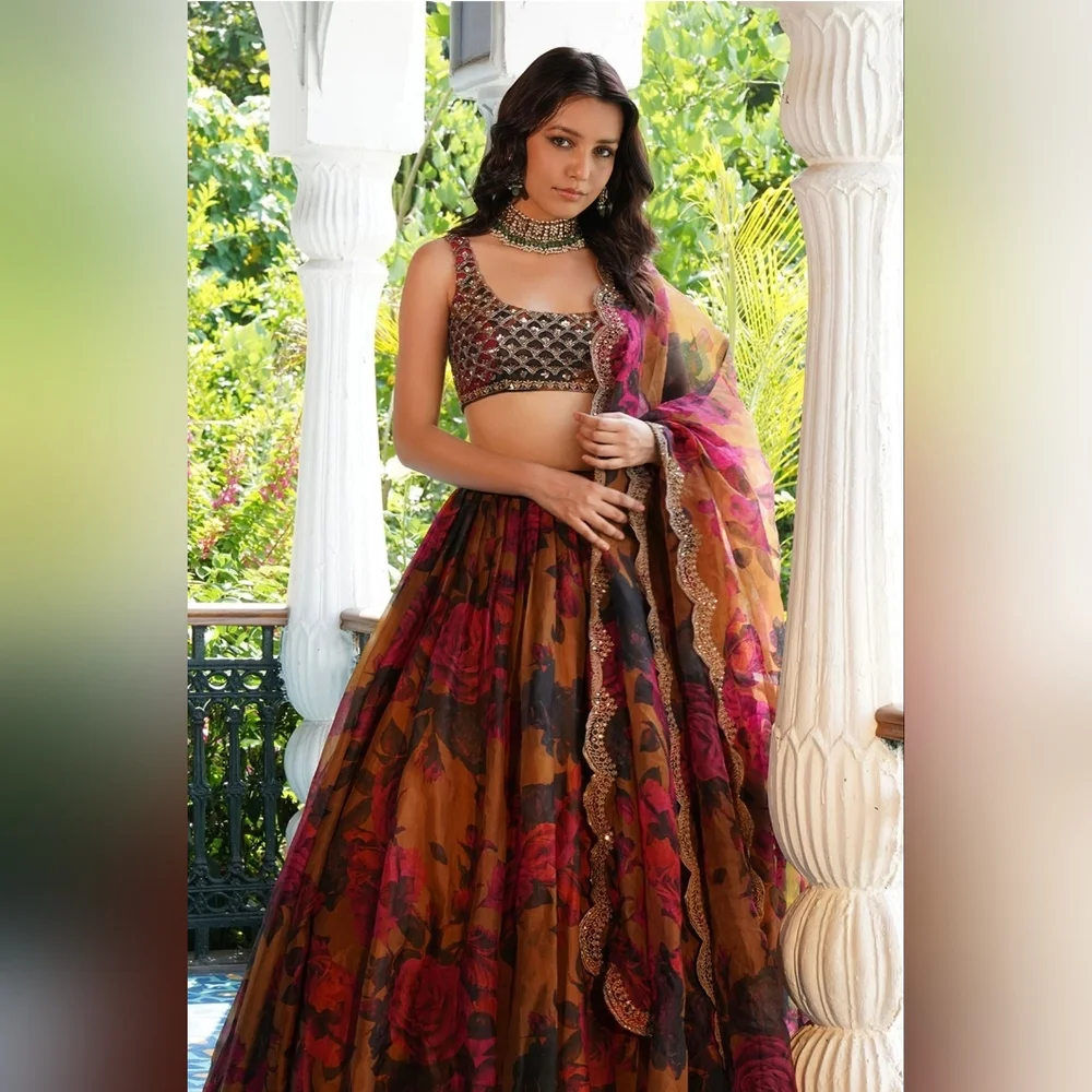 Tabby Organza Lehenga Choli Digital Print Sequin Embroidery - Picture 2 of 4